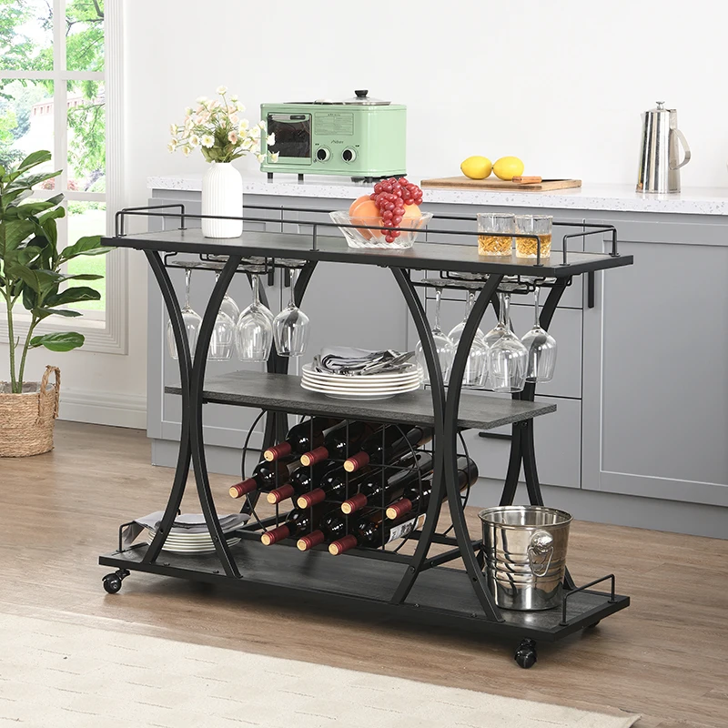 Industrial Bar Cart, Rolling Cart with Wine Racks & Glass Holder, 3 Tier Shelf Wooden Metal Liquor Tea Barcart Trolley on Wheel