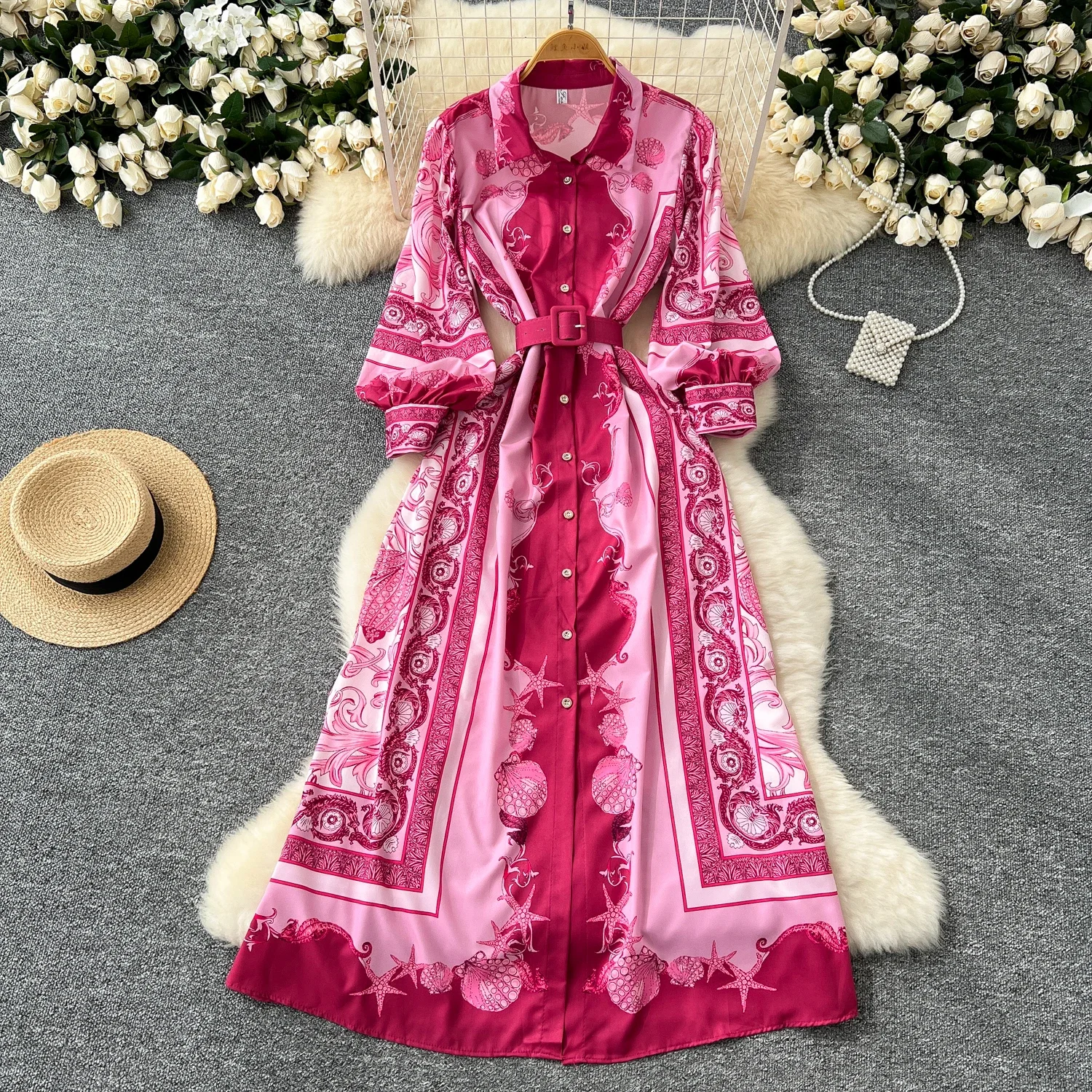 Chic Korean Fashion Print Turn-down Collar Long Lantern Sleeve Single Breasted Slim Dress Vintage Women Evening Autumn Clothing