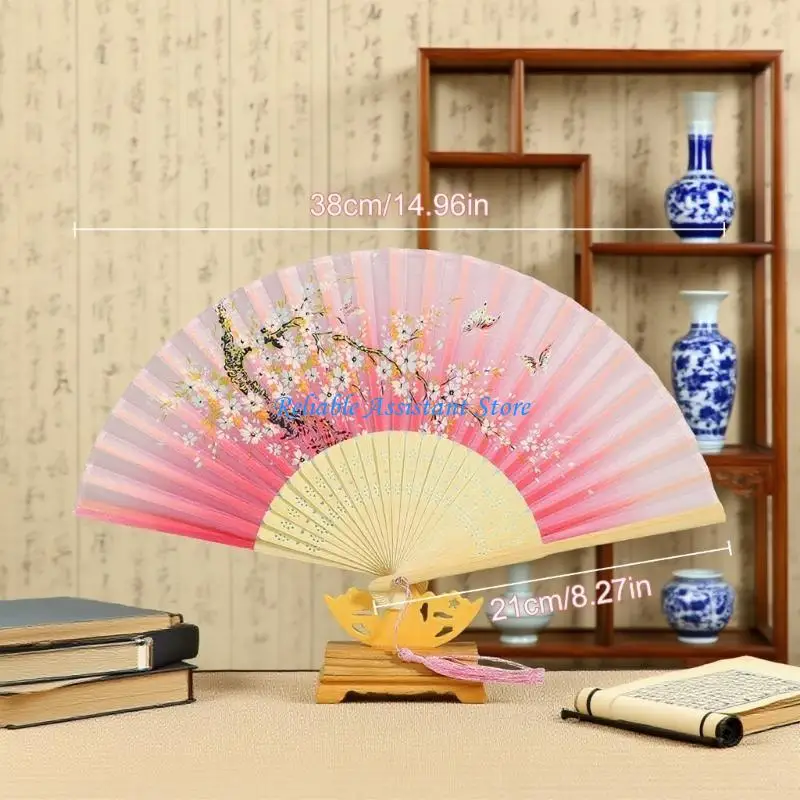 N58C Fan soie portable Styles chinois Decors Home Decors Dance accessoires Tassels Fan pliant