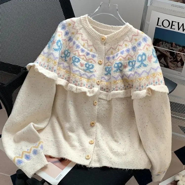 Pink sweet bow sweater cardigan women's autumn and winter design cute age-reducing fungus lace knitted sweater jacket