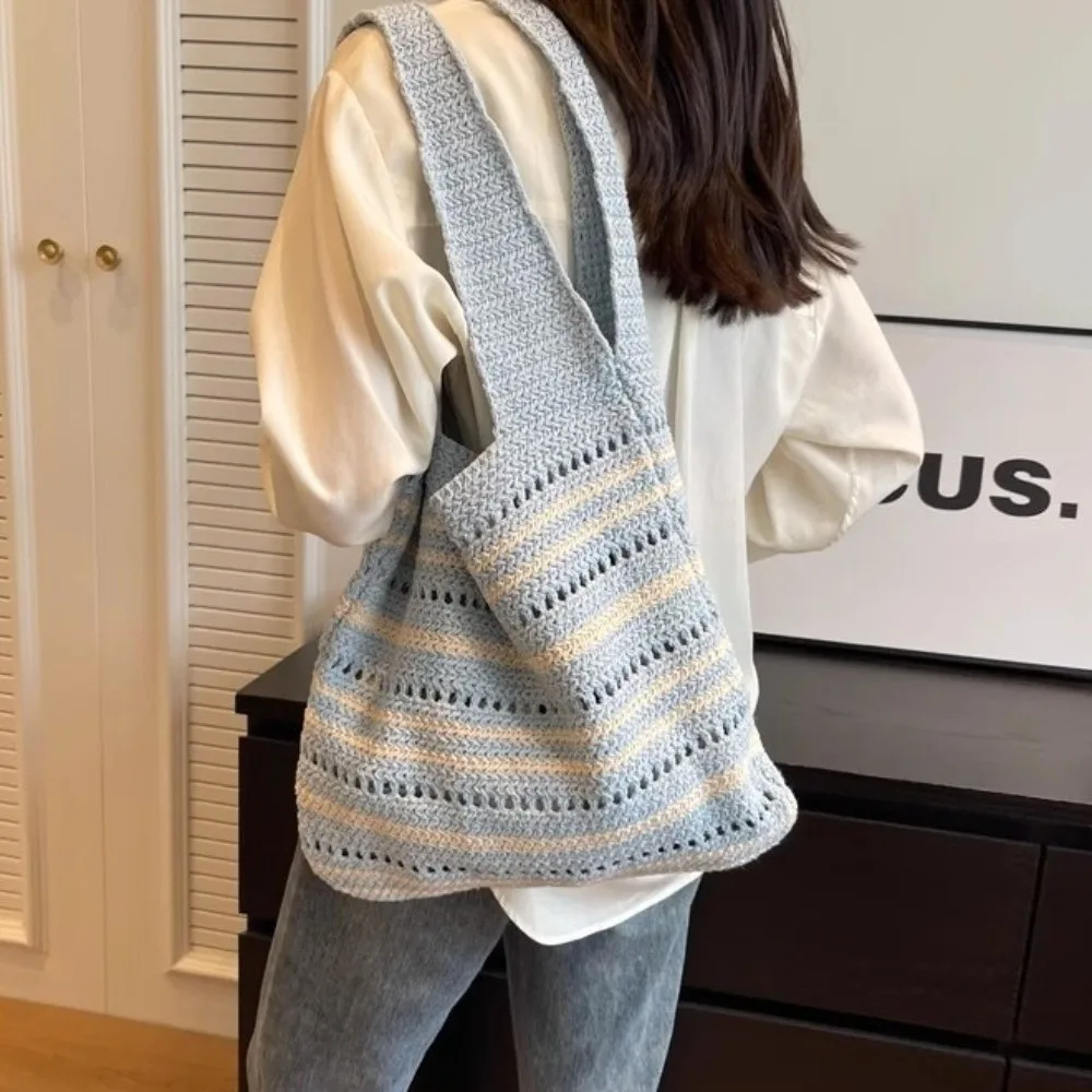 

Bohemian Knitted Tote Bag Striped Pattern Crochet Design Woven Shoulder Bag Large Capacity Eco-Friendly Hollow Out Beach Bag