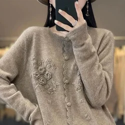 2023 New Fashion Simple Versatile Cardigan Women's Round Neck Knitted Outerwear Single breasted Handmade Rose Trendy Thin Coat