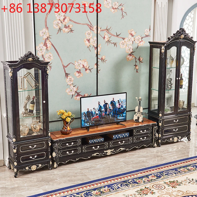

European-style solid wood marble TV cabinet living room oak carved lacquered natural floor cabinet coffee table combination