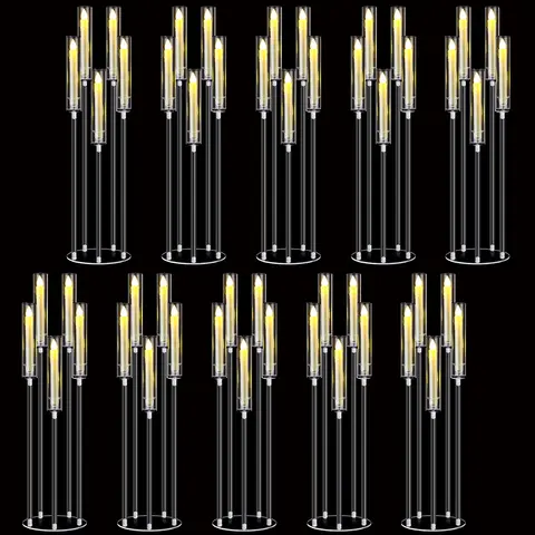 8Sets Acrylic Candelabra Centerpieces for Wedding with LED Candles 33.9 Inches 5 Arm Candlestick Holder with Acrylic Shade for D