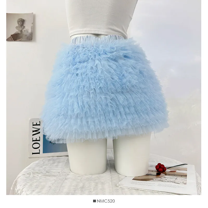 Ballet Style Pleated Ruffles Mesh Fluffy Skirt Fairy Princess Mini Cake Skirt Lolita Girl Summer Elastic Waist Gauze Ball Gown