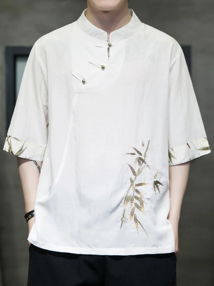 

New Chinese Sle Men's ort Sve T-irt Embroidered Traditional Tang Costume Loose Fit Breathable Summer Faion Brand