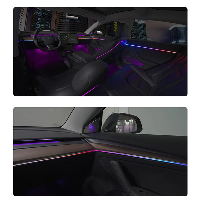 For Tesla Model 3/Y 2021 2022 Dynamic Dynamic Laser Carved Ambient Lights 64 Colors Center Console LED Atmosphere Light  Strip