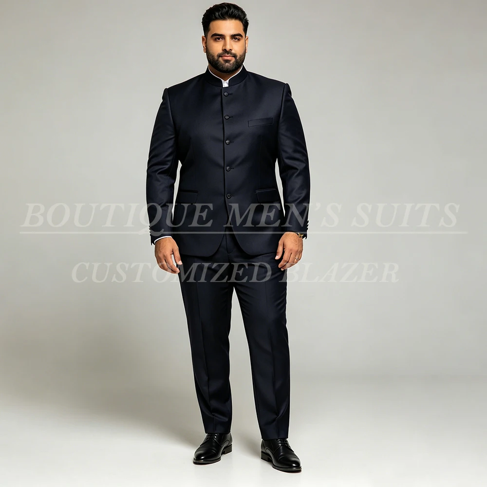 

Мужской свадебный костюм больших размеров в стиле Джодхпури, темно-синий, высококачественный, однобортный, с воротником-стойкой, комплект из 2 предметов: пиджак и брюки