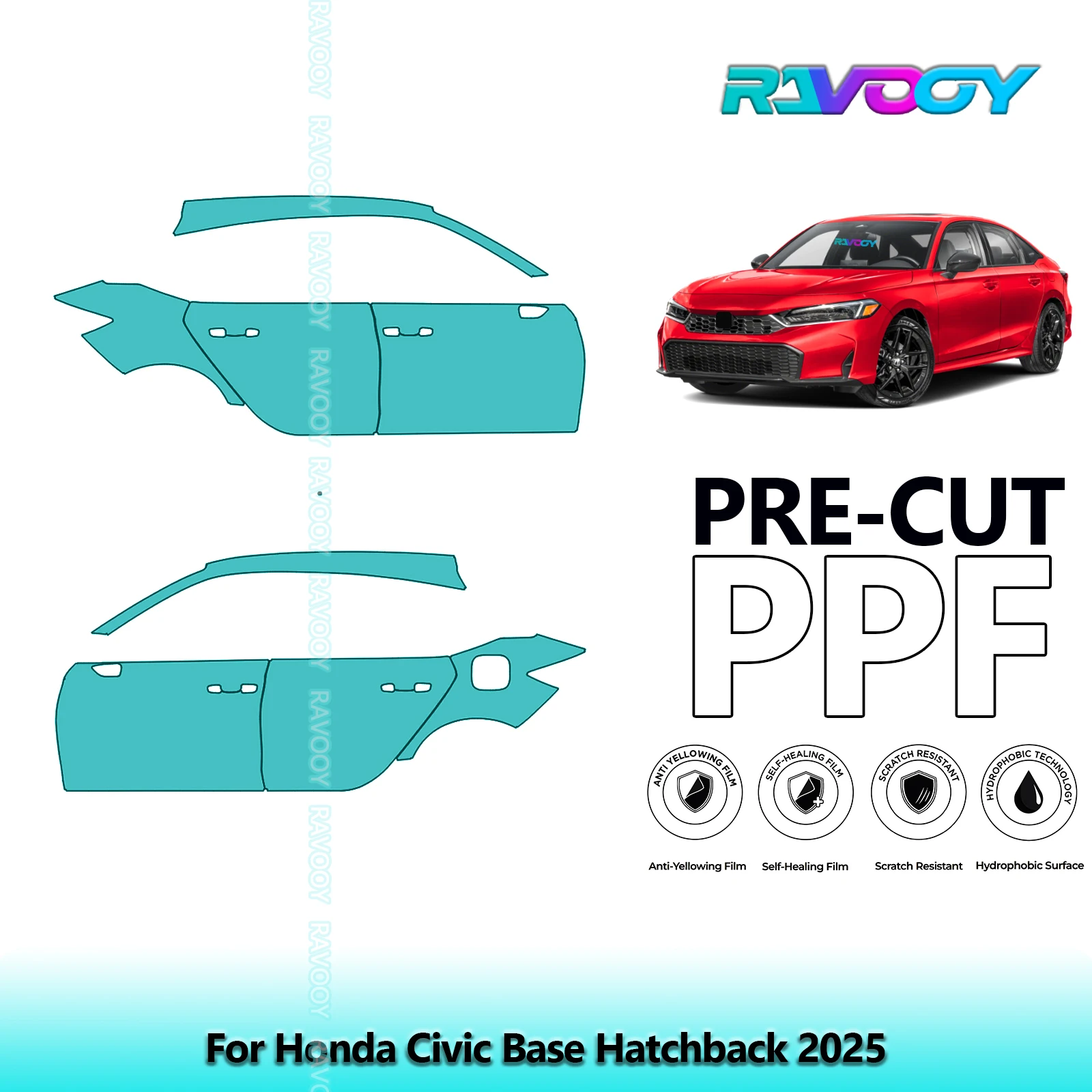 

For Honda Civic Base Hatchback 2025 8.5mil Clear Matte Pre-Cut PPF Door & A/B Pillar Kit TPU Paint Protection Film Set