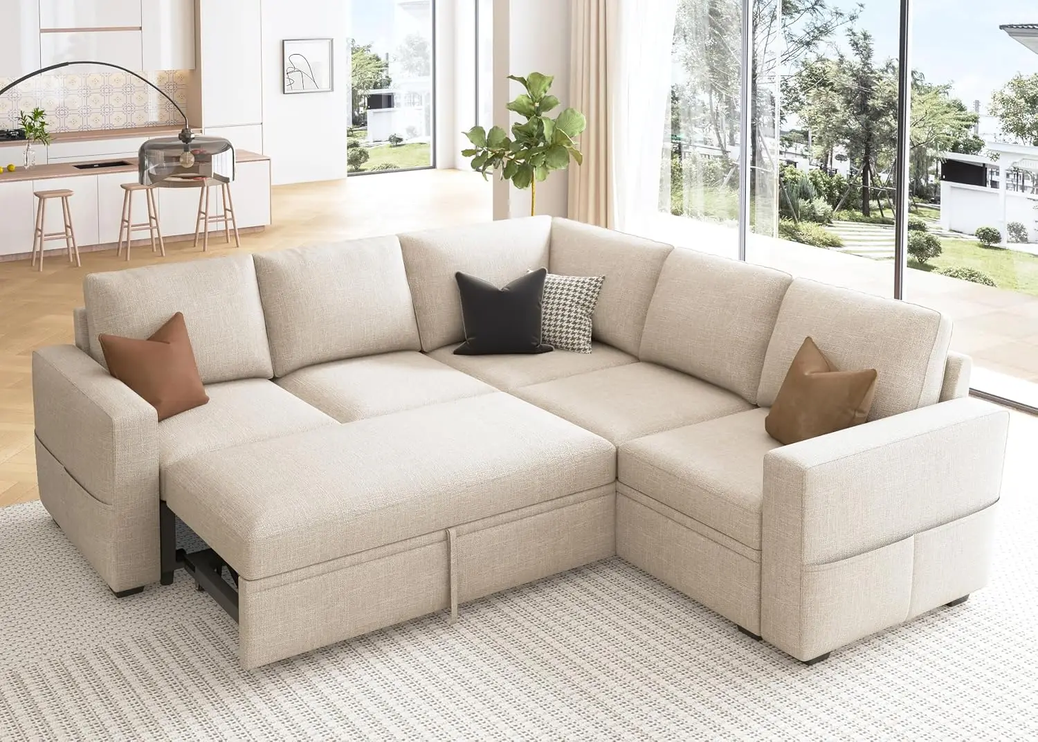 Modular Sectional Sleeper Sofa with Pull Out Bed, L Shaped Storage Seat Convertible Couch for Living Room Beige, Customized