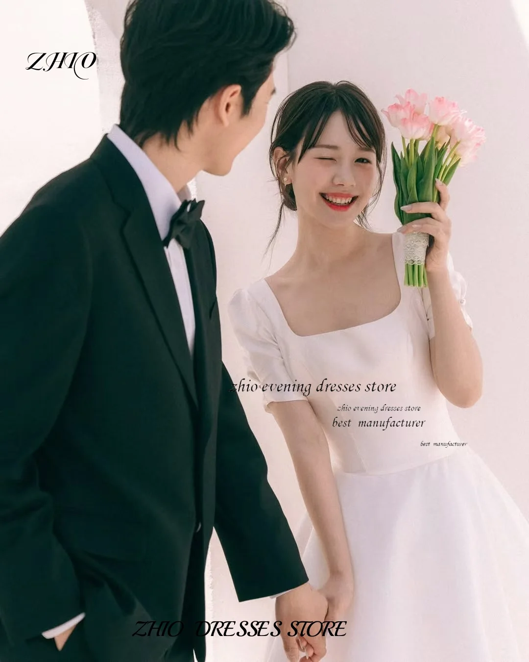 ZHIO ที่กําหนดเองสแควร์คอแขนสั้นซาตินชุดแต่งงานเกาหลี A-Line Corset ความยาวชั้นงานแต่งงาน