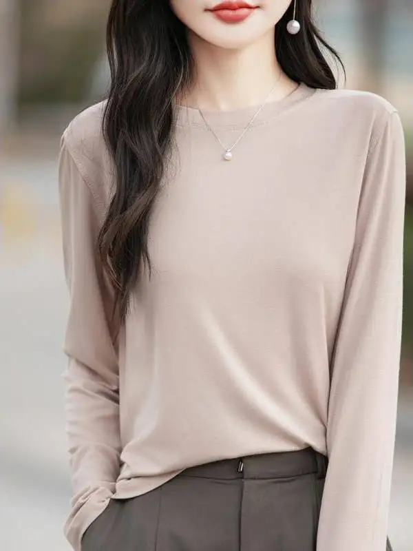 

Свободная удобная тонкая длинная футболка Sve round Ne, женская весенняя новая повседневная простая однотонная основа irt для поездок на работу Sle Kn...