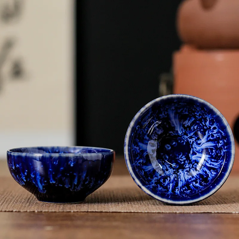 1pc 45ml  Small Ceramic Cup Kiln Change Teacup Master Cup Tasting Cup Satin Blue Water Cup Tea Bowl Jianzhan Teahouse Cha Teawar