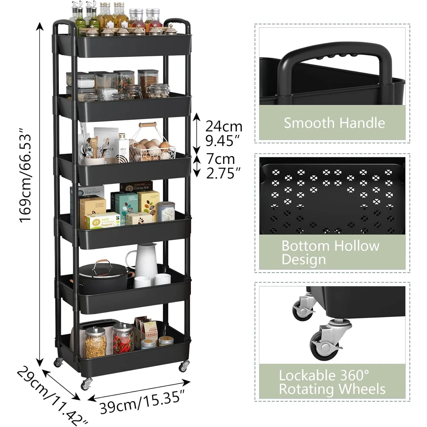 6-Tier Plastic Rolling Utility Cart with Handle, Multi-Functional Storage Trolley for Office, Living Black