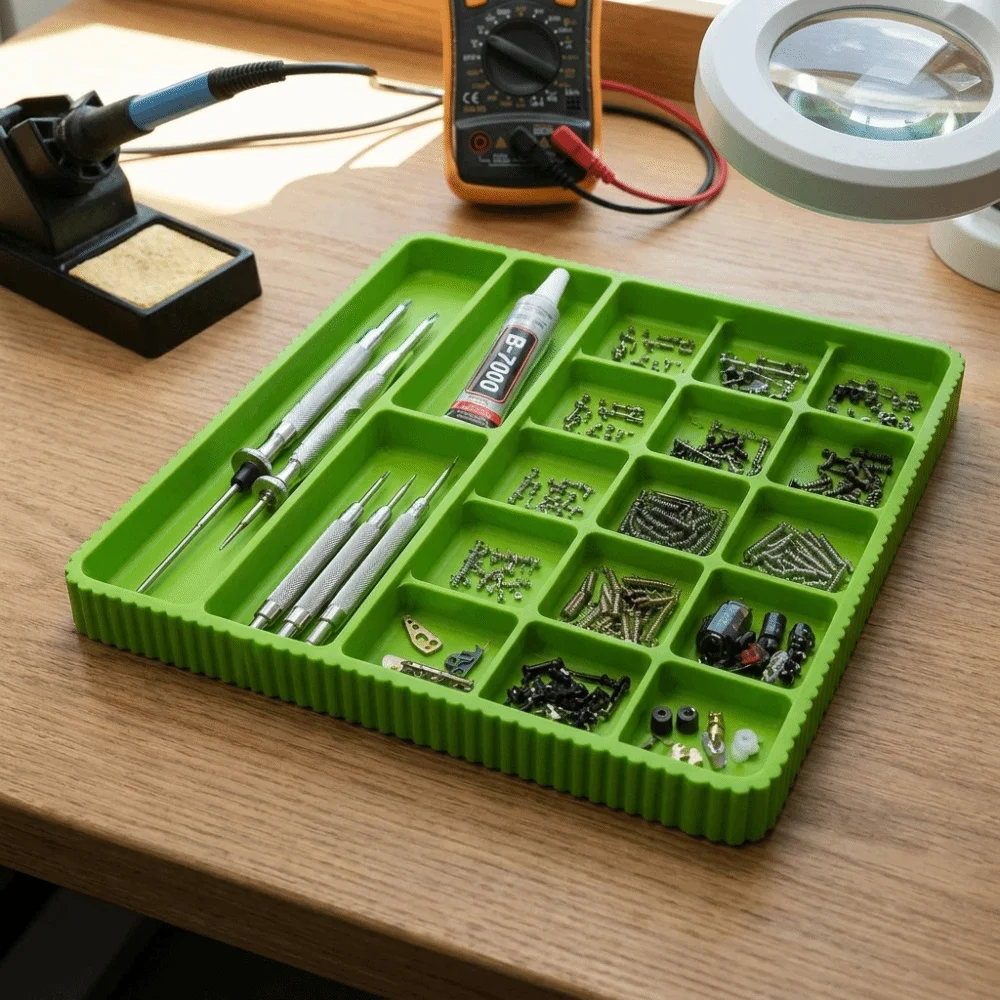 Durable Plastic 3D Printed Tray Smooth Surface Sturdy Structure Electronic Parts Tray Multiple Compartments Compact Size