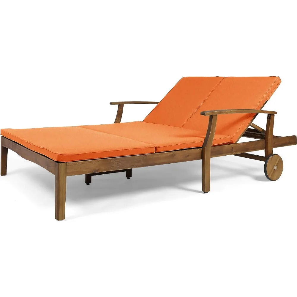 Camping Chair Folding Teak Finish With Orange Cushions Samantha Double Chaise Lounge for Yard and Patio Acacia Wood Frame Cot