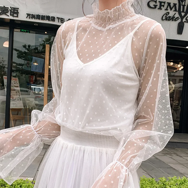 Inner Top Women Home Loungewear Cozy Relax Slow Weekend Morning Bedroom Almond Lace Trim High Neck Long Sleeve Sheer Mesh Doll