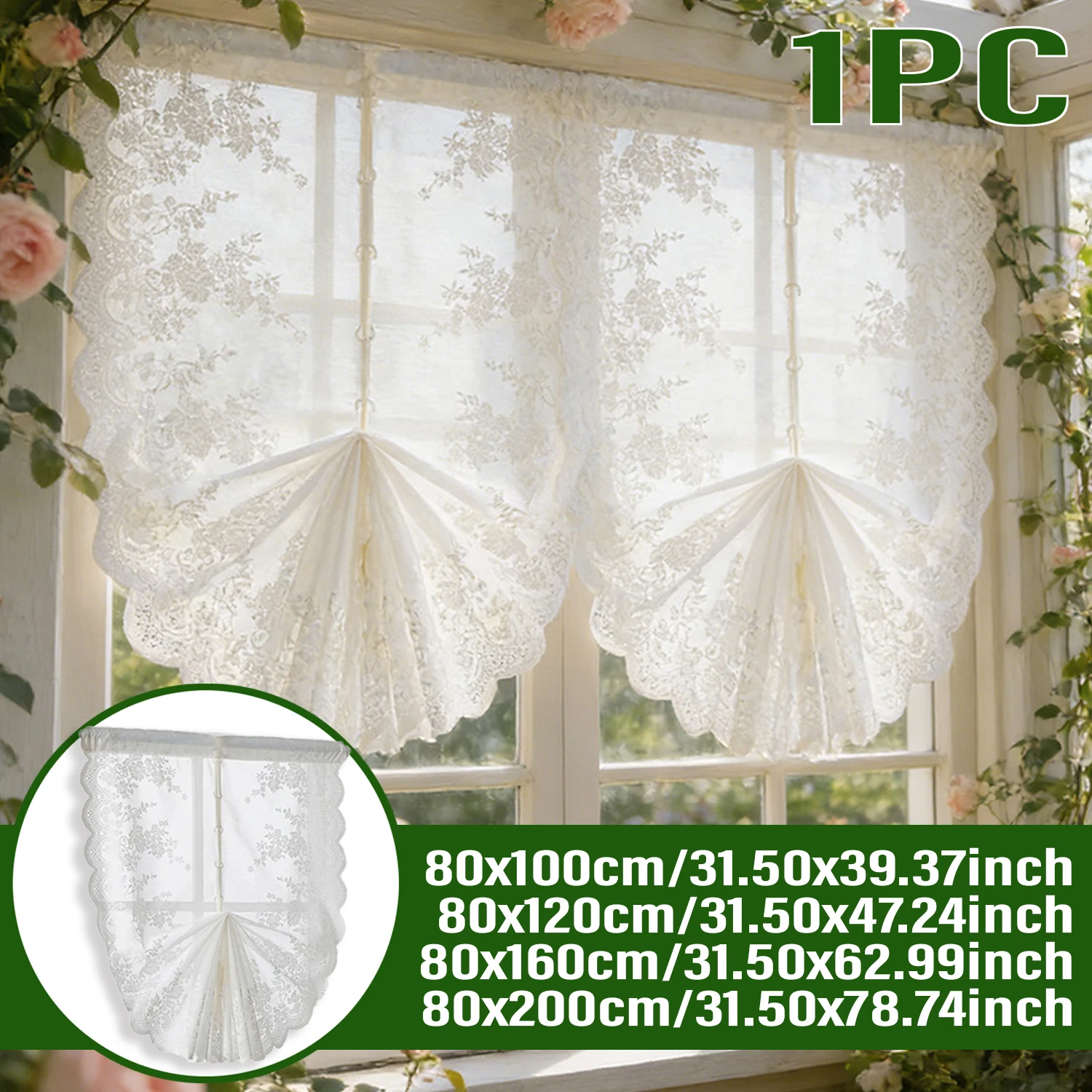 1-teiliger weißer Blumen-Liftvorhang, römischer Spitzen-Gaze-Vorhang, Netz-Trennvorhang für Küche, Fenster, Schlafzimmer, kleine Vorhänge