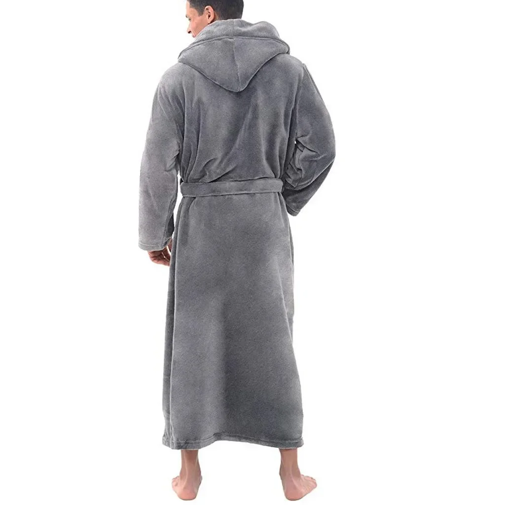 Winter Warm Bath Robe Men Bathrobe Nightgown Soft Coral Fleece Hooded Bathrobes Long Bath Robe Men\'s Bathrobe Home Sleepwear