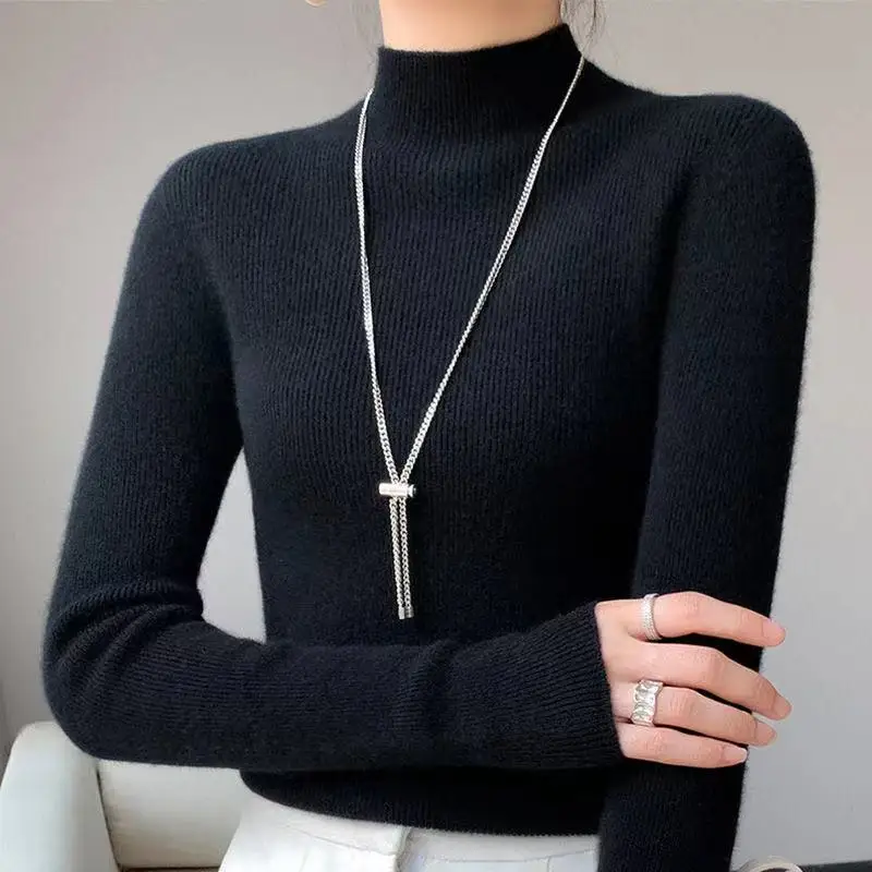 

Вязаный свитер в рубчик с воротником-стойкой, пуловеры, женский вязаный топ с длинным рукавом и высоким воротом, простой джемпер, женский осенне-зимний базовый наряд