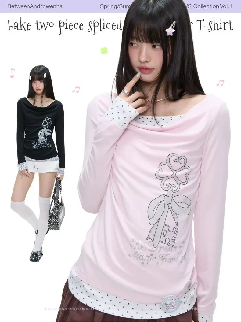 Y2K Fairycore Clover Key Fake Two-Piece Long Sleeve T-Shirt | The Dream of Magic Forest Slouchy Neck Graphic Tee Sweet Korean