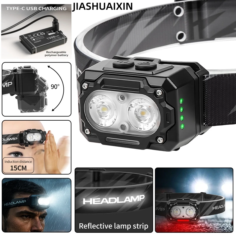 

JIASHUAIXIN 5805 Зарядный налобный фонарь с многоцветным датчиком температуры, подходит для бега по пересеченной местности и походов. Рюкзаки.