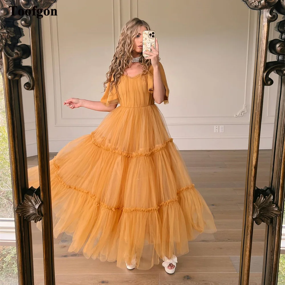 

Toofgon Yellow Gold Tulle Korea Women Prom Dresses Half Sleeves Pleated Midi Formal Occasion Gowns Special Evening Party Dress