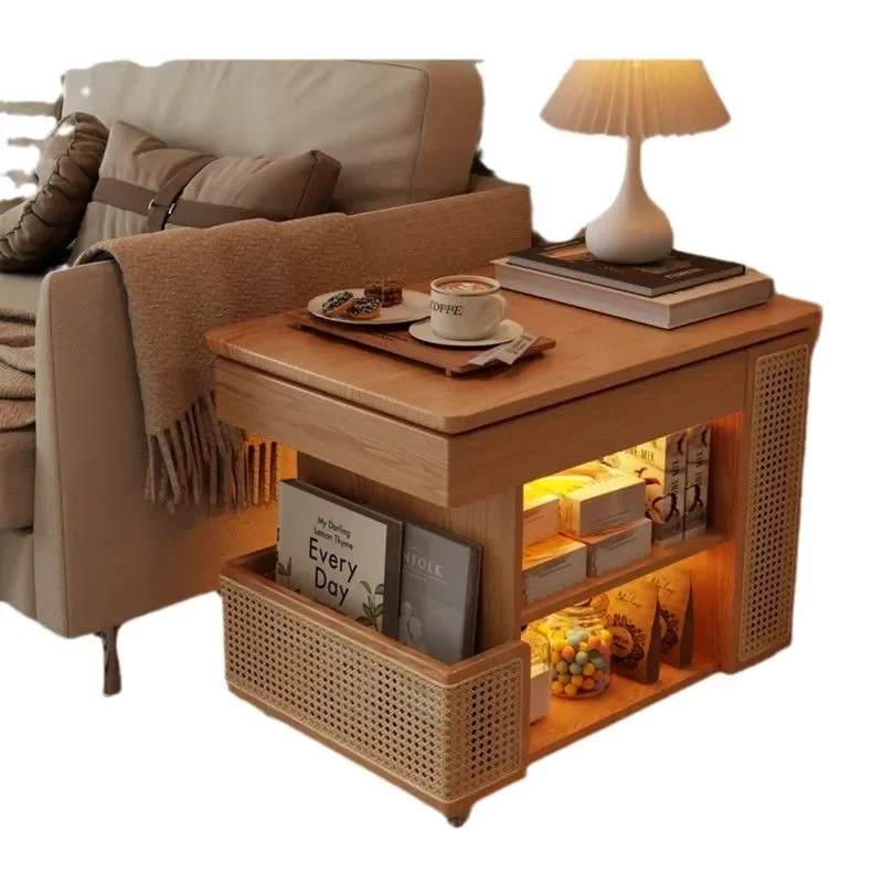 Solid wood lifting coffee table household small apartment sofa side cabinet mobile living room trolley rotating