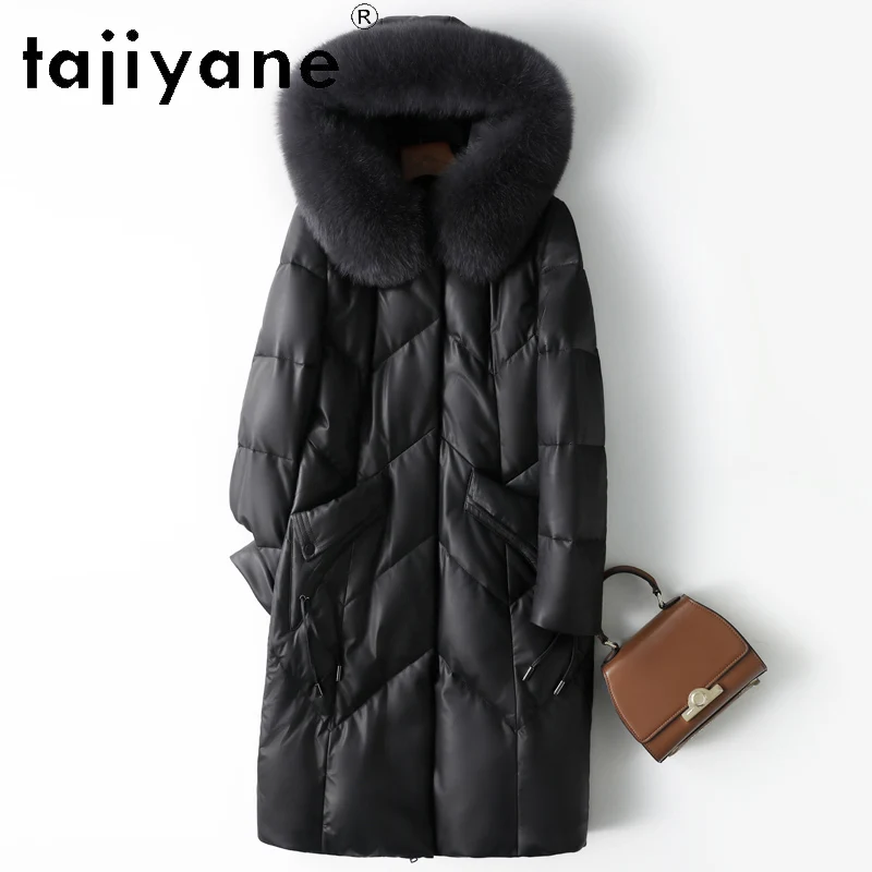 TAJIYANE 100% أعلى الحبوب جلد الغنم أسفل معطف امرأة جلد طبيعي طويل سترة منفوخة مقنعين الثعلب الفراء طوق 2025 الملابس الشتوية #1