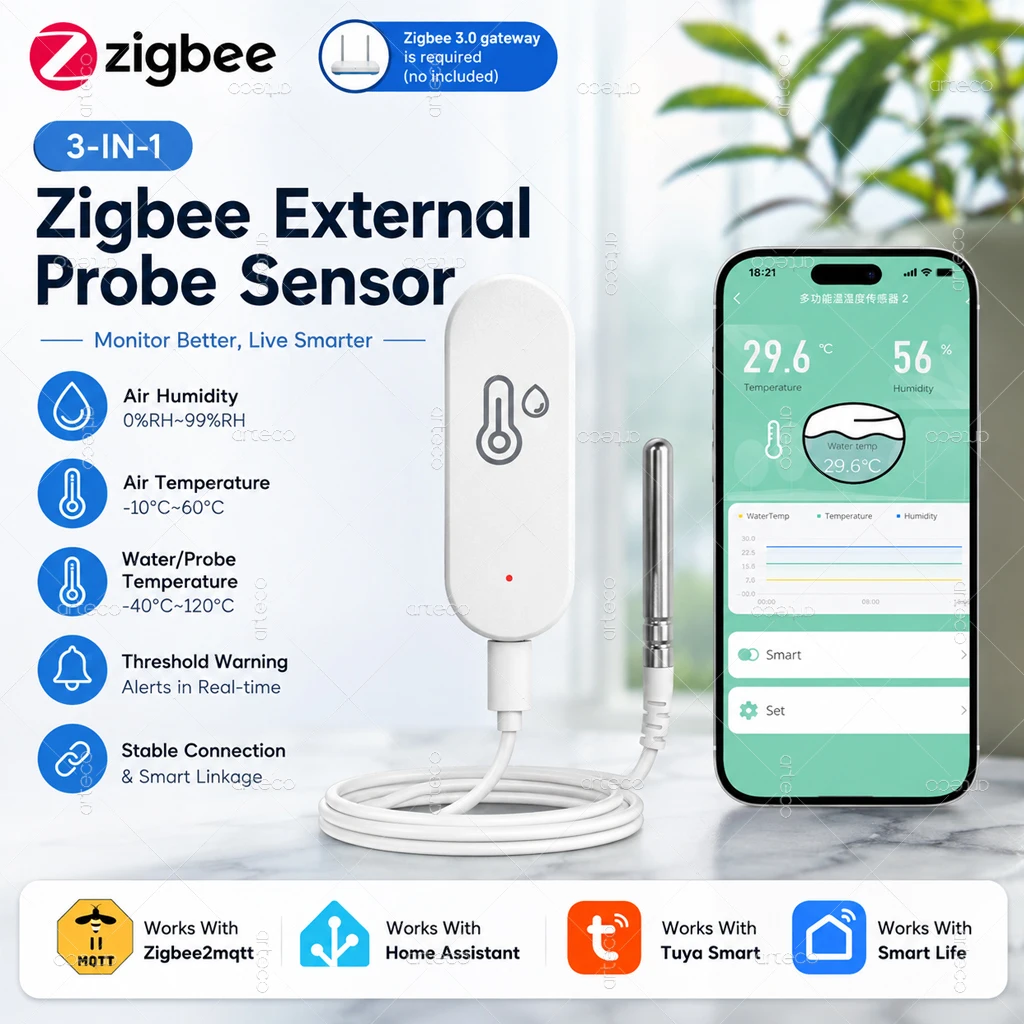 Zigbee Temperature Humidity Sensor Waterproof External NTC Probe TUYA/Z2M Version Smart Home Automation For Fridge Aquarium Pool