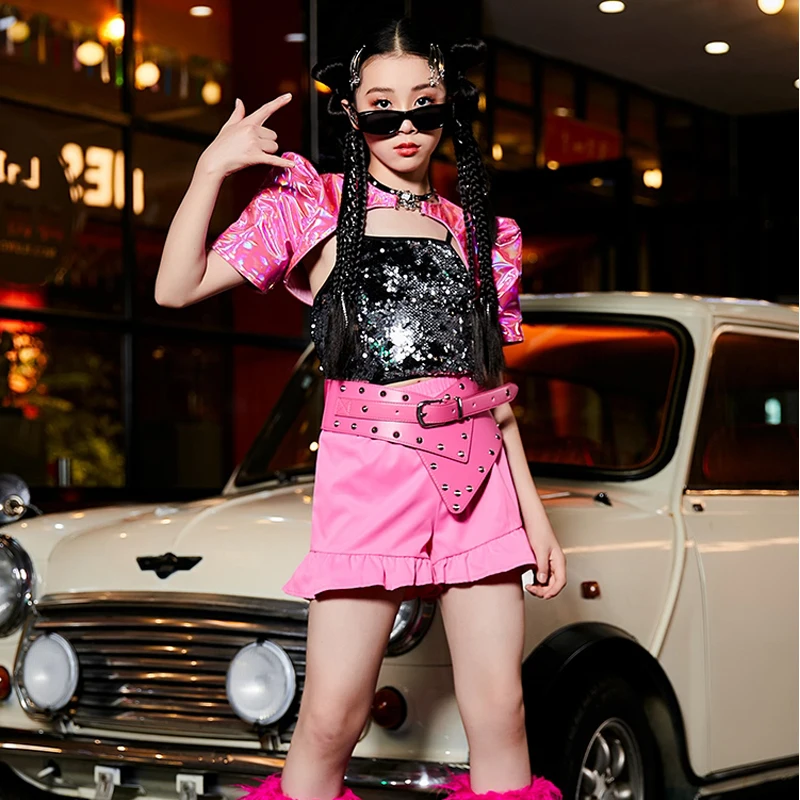 Kids Cheerleading Jazz Dance Costume Girls Kpop Stage Outfits Sequins Top Shorts Child Cool Hip Hop Clothing Street Wear 10017