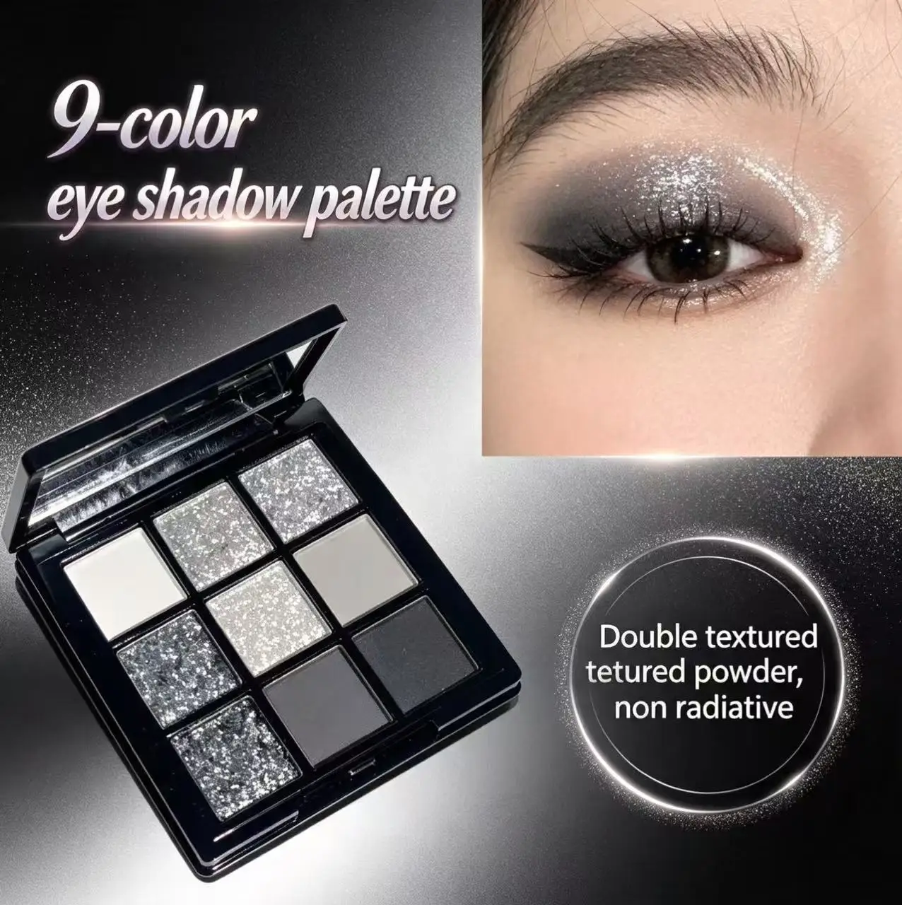 9 Color Eyeshadow Palette Cool Toned Gray&Silver Full Color Range Dual Texture Powder, Highly Pigmented Easy Blend No Fallout