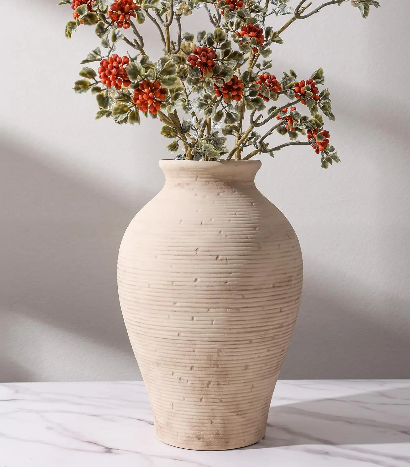 

Rustic Ceramic Flower Vase, 9in Farmhouse Table Decor for Living Room Kitchen Office