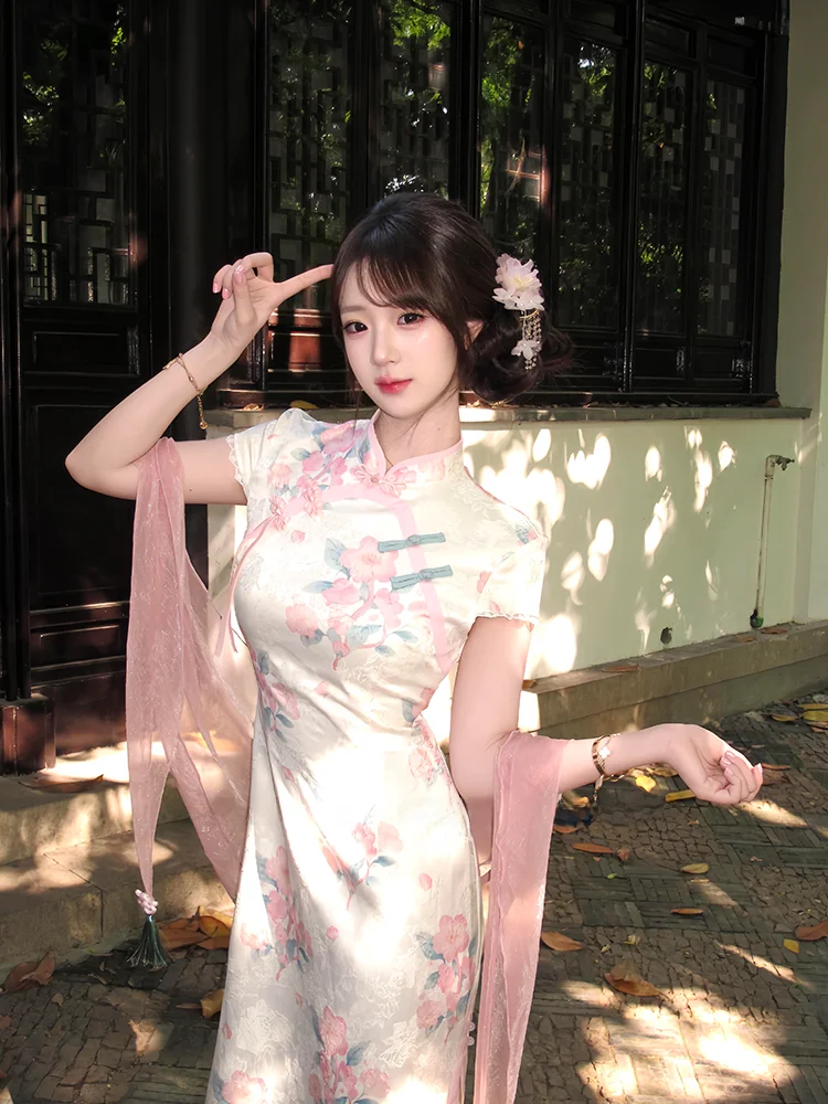 

New Chinese Style Women's Set Sweet Floral Print Waist-Cinching Long Skirt Cover-Up Two-Piece Summer Fashion Outfit