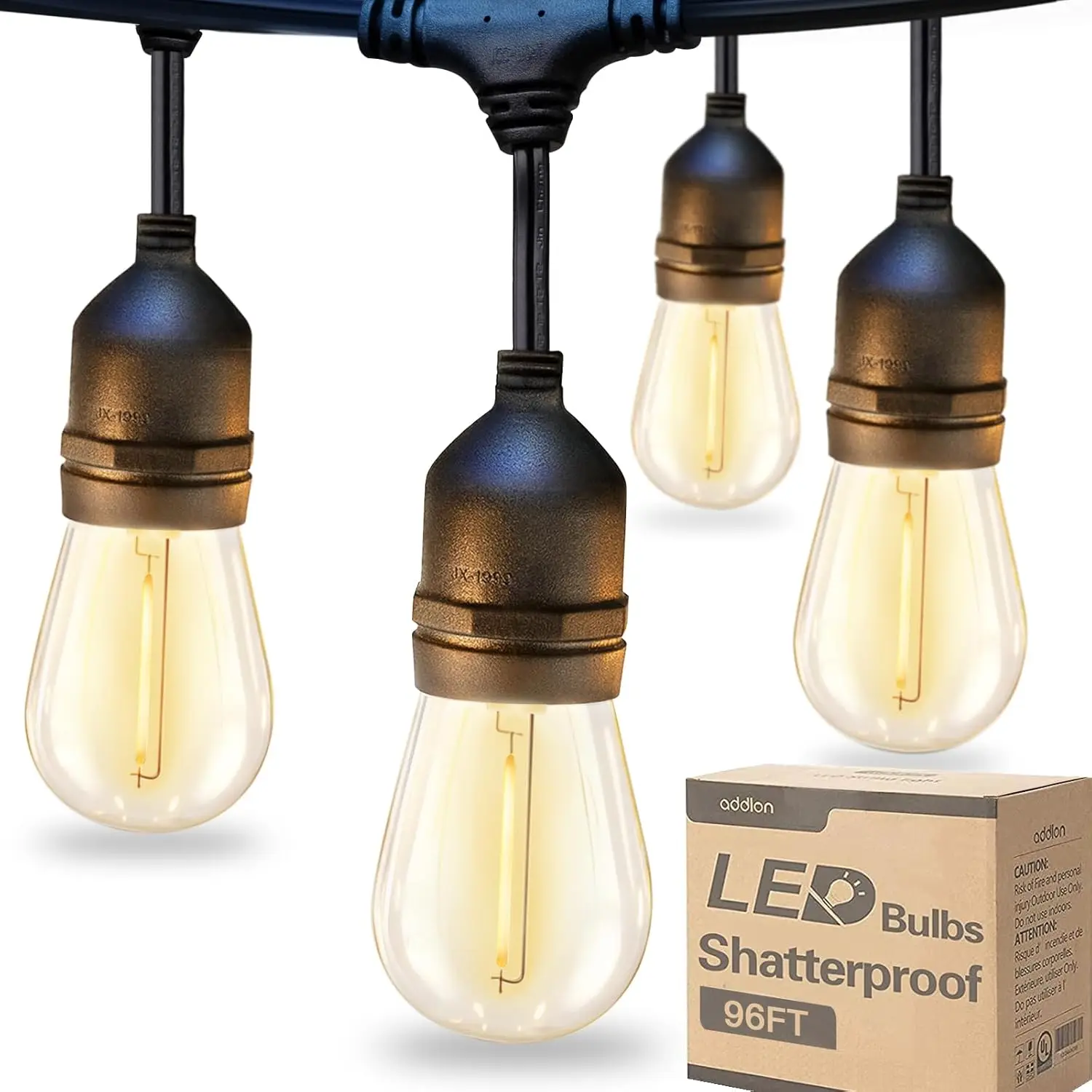 

96FT LED Outdoor String Lights with Shatterproof Bulbs, 30 Sockets, Weatherproof, ETL Listed for Patio Cafe