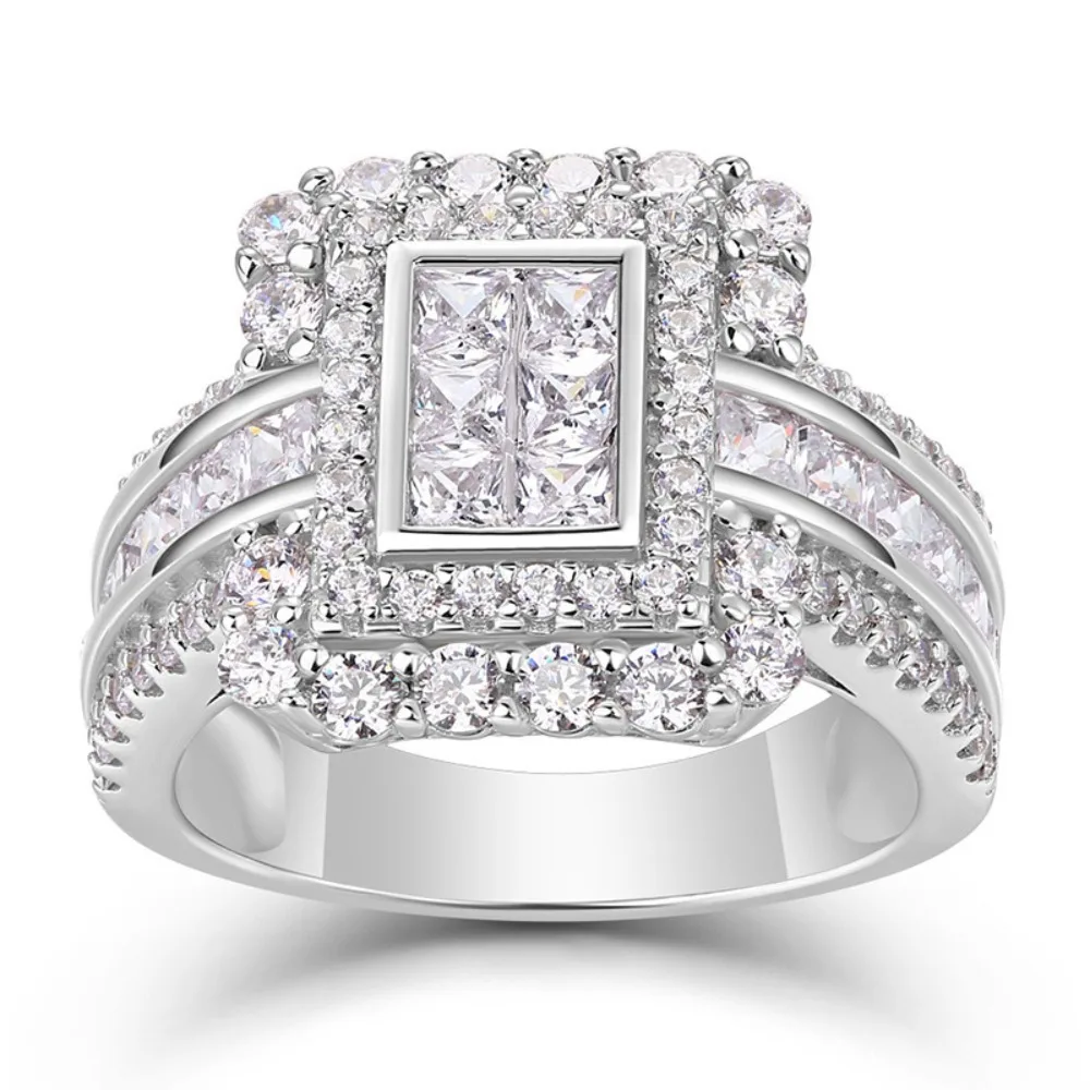 Luxury Rectangular Princess Cut 5A Zircon Double Square Halo Rings Multi Row Split Shank for Women Wedding Jewelry Accessories