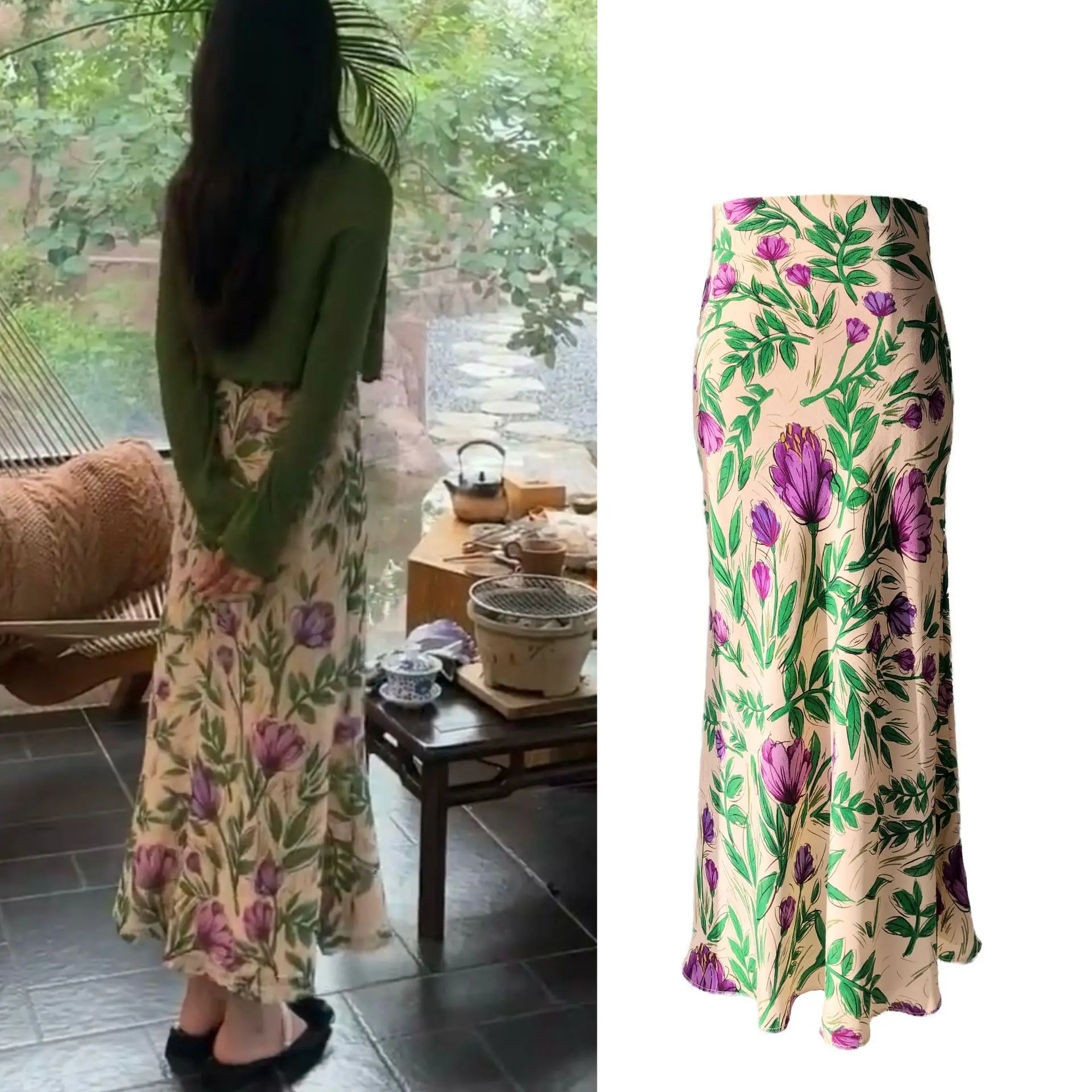 French Romantic Purple Flower and Plant Oblique Sand Washed Silk Skirt 17.5 Mm Sand Washed Silk Double Crepe 100% Mulberry Silk