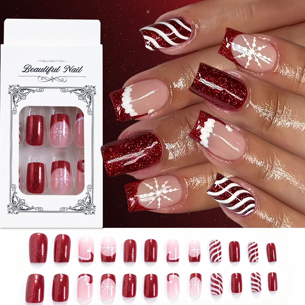 24Pcs Christmas Wine Red Snowflakes False Nails DIY Snowflake Santa Claus Press On False Nails Tip Glitter Stripes Fake Nails