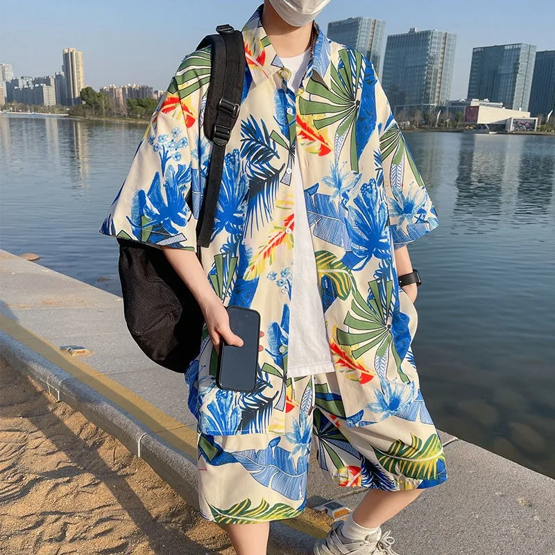 Summer Mens Hawaiian Beach Shirts and Pants Two Piece Sets Palm Trees Print Y2K Blouse Loose Oversized Suits Hip Hop Streetwear