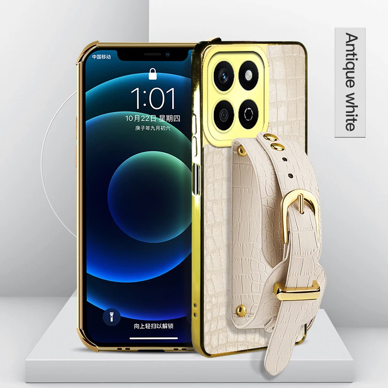 

Shockproof Wristband Strap Holder Stand Cover Cases for Honor X5 X8b X8A 4G X7C Crocodile PU Leather Silicone Soft Phone Case