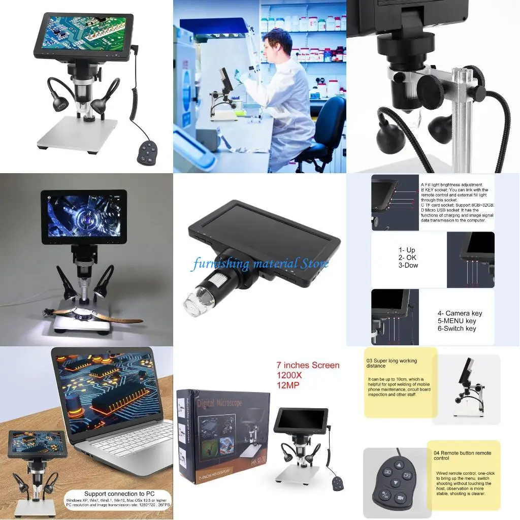 

Электронные видеомикроскопы Y5GD 1200X, 7-дюймовый ЖК-дисплей, USB-подставка для ремонта телефона, лупа