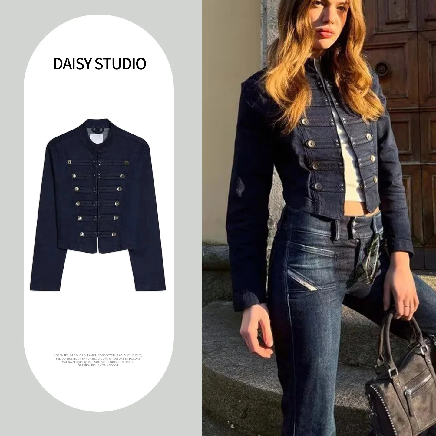 Napoleon Retro Stand Collar Long Sleeve Button Decorated Denim Jacket New Spring Summer Women's Casual Style Short Outerwear
