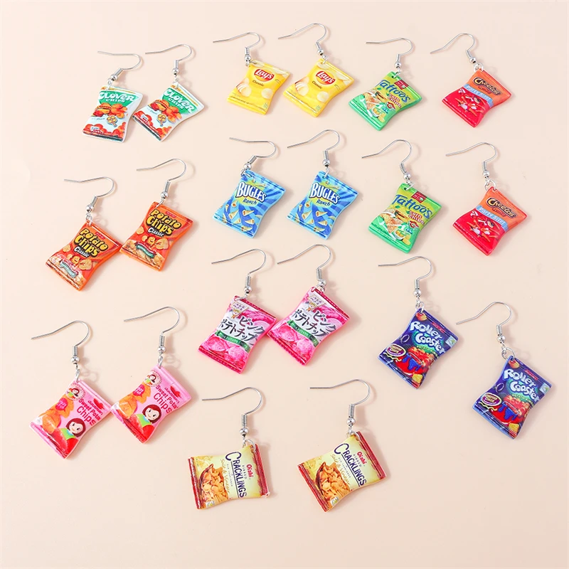 Cartoon Colorful Food Resin Potato Chips Drop Earrings for Women Children Party Holiday Jewelry Gifts