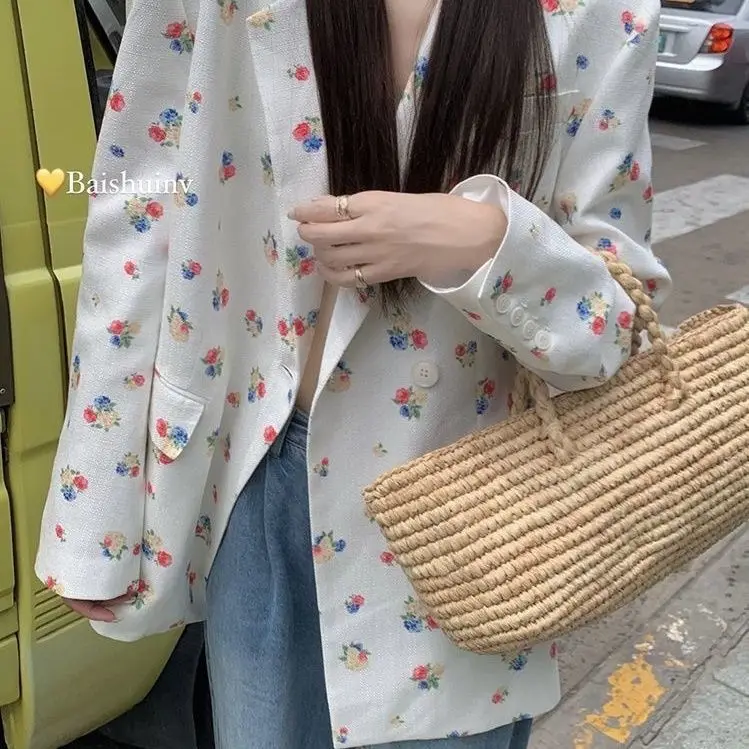 Blazer, Women's Print, Casual Long-sleeved Trend, Korean Version, Loose Straight, Versatile, Foreign, Mid-length Wear