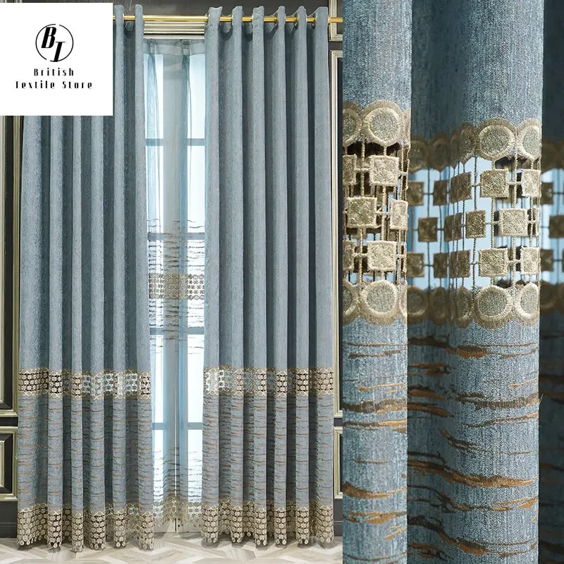 

Modern Chenille European Style Curtains for Living Room Bedroom Dining Water Soluble Hollow Embroidery Bule Window Curtain