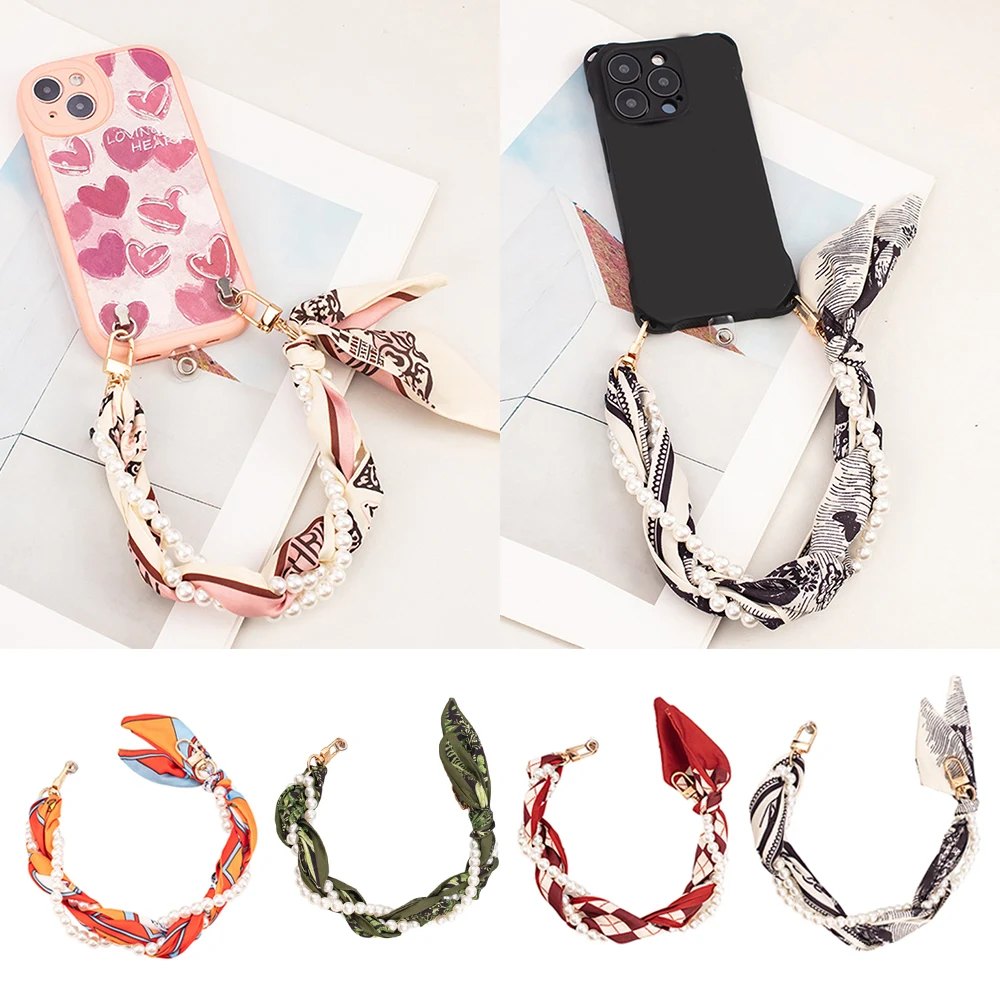 Woven Wristband Short Hanging Chain Portable Style Mobile Phone Lanyard Silk Scarf Pearl Phone Case Chain Fashion Bag Pendants