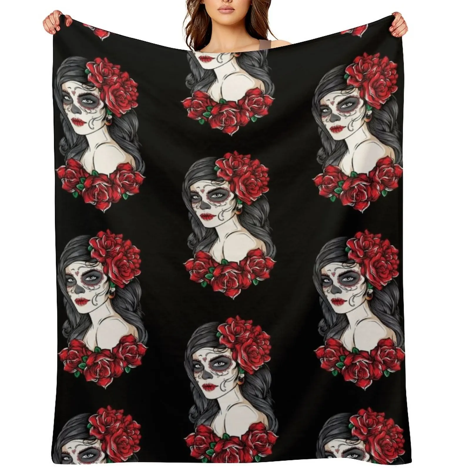 

sugar skull doll Santa Muerte day of the dead Throw Blanket Soft Plaid Giant Sofa Retros Bed linens Blankets