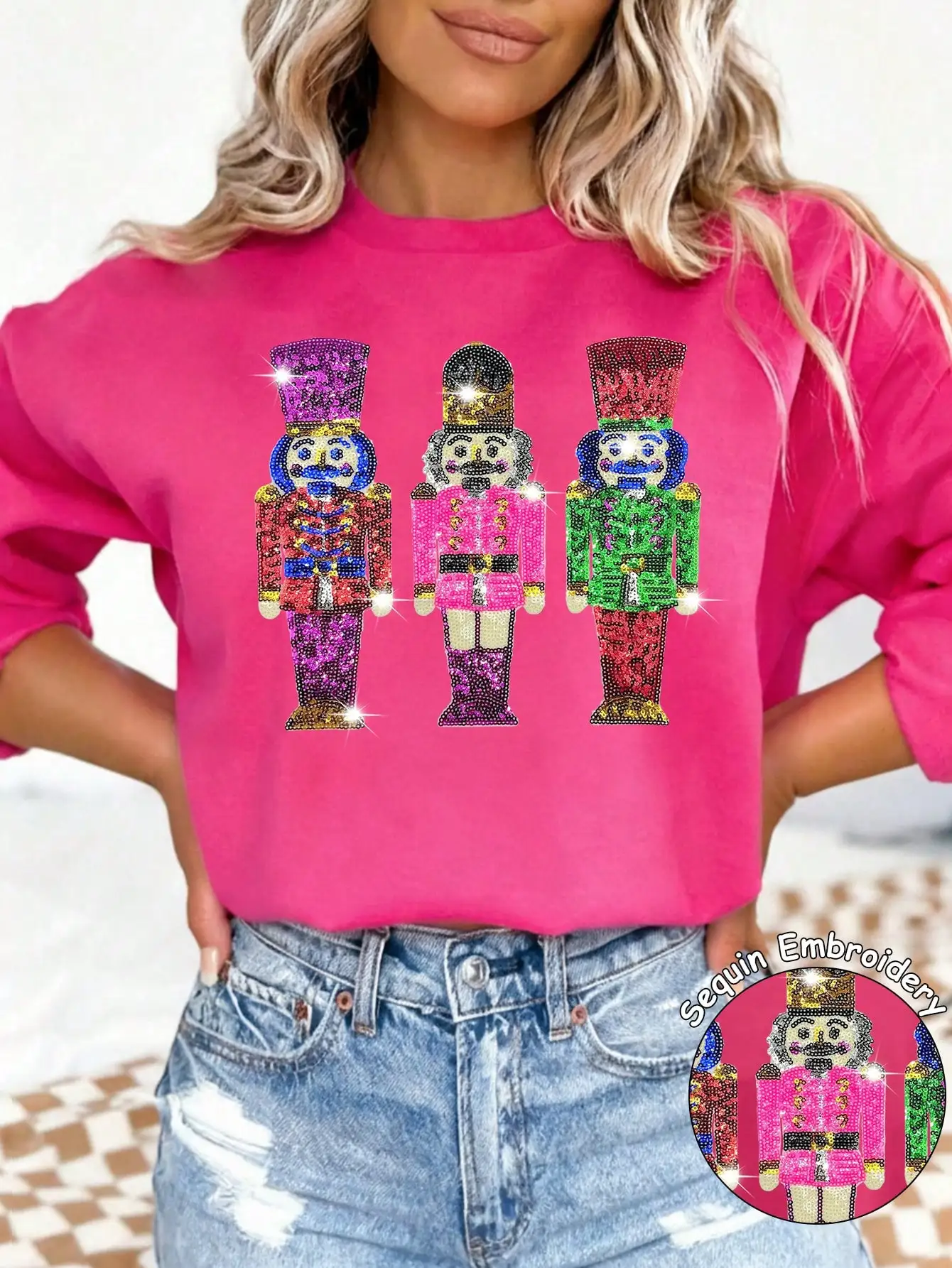 

Sequin Nutcracker Christmas Sweatshirt for Women, Dropped Shoulder Long Sleeve Casual Top