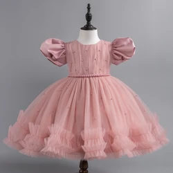 Baby Girl Flower Puff Sleeve Dresses Christmas Wedding 1st Birthday Party Dress for Kids Toddler Children Formal Evening Costume