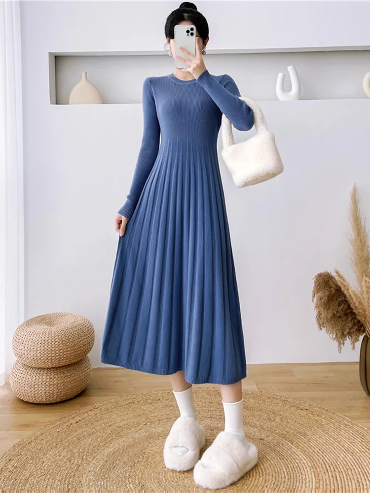 Nouveau Robe en tricot basique pour femmes automne-hiver Mode Robe pull à manches longues élastiques et col en O Robe longue élégante et décontractée